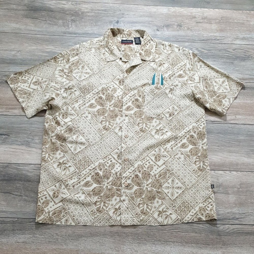 OP Ocean Pacific Large Mens Shirt Island Floral Theme  Camp Hawaiian Beachwear